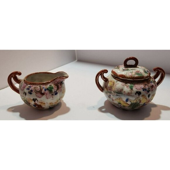 Antique Hand Painted Japanese Sugar Bowl & Creamer Red/Gold Trim with Geishas